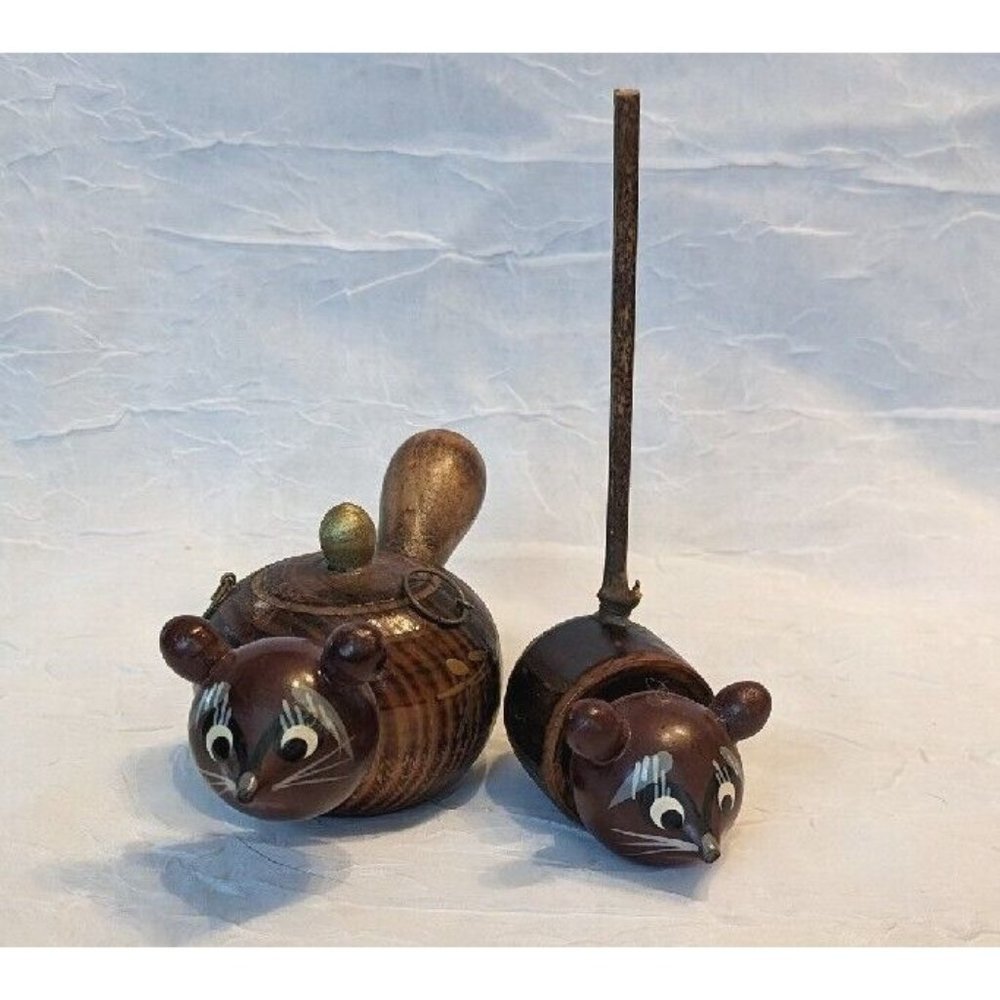 2 Vtg Japanese Kokeshi Doll Raccoon Wooden Teapot Handpainted Lucky Charm Carved